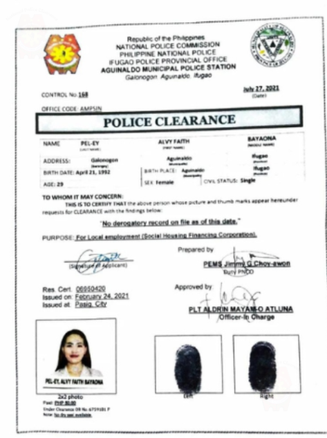 Example of Police Clearance certificate with applicant details and status.