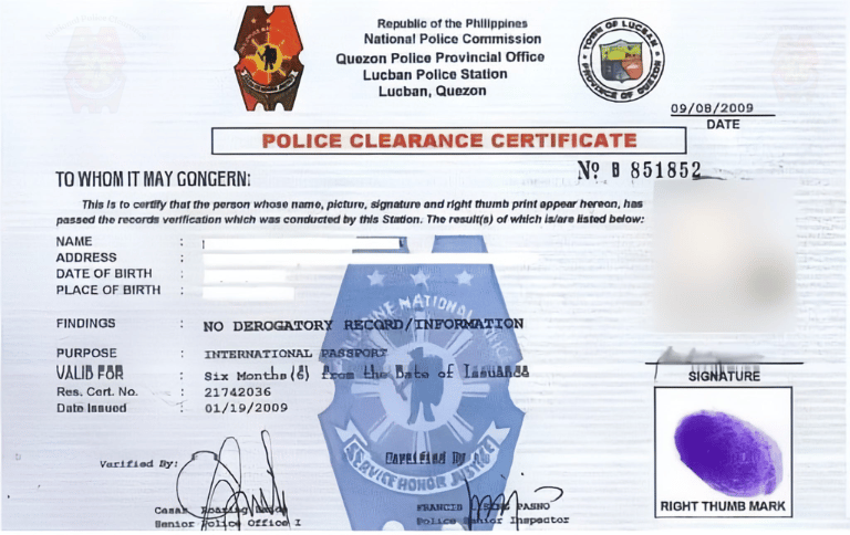 Sample of a Police Clearance Certificate