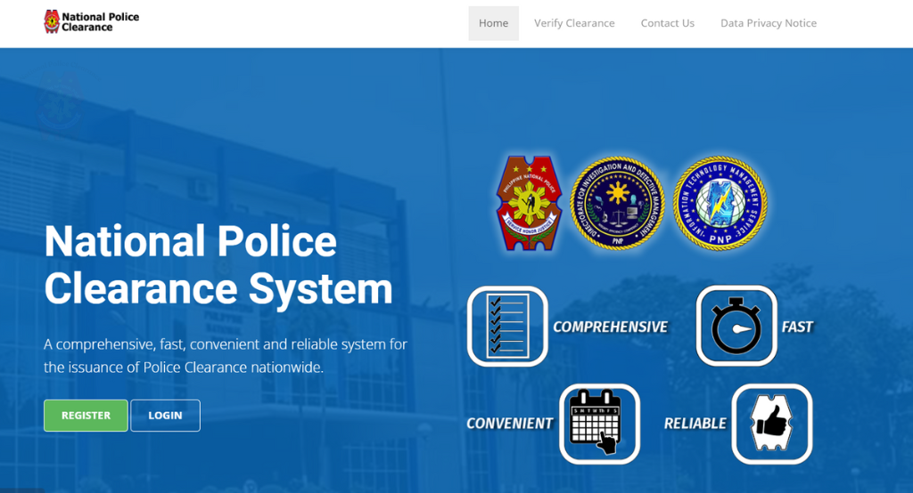 National Police Clearance System homepage featuring PNP logos